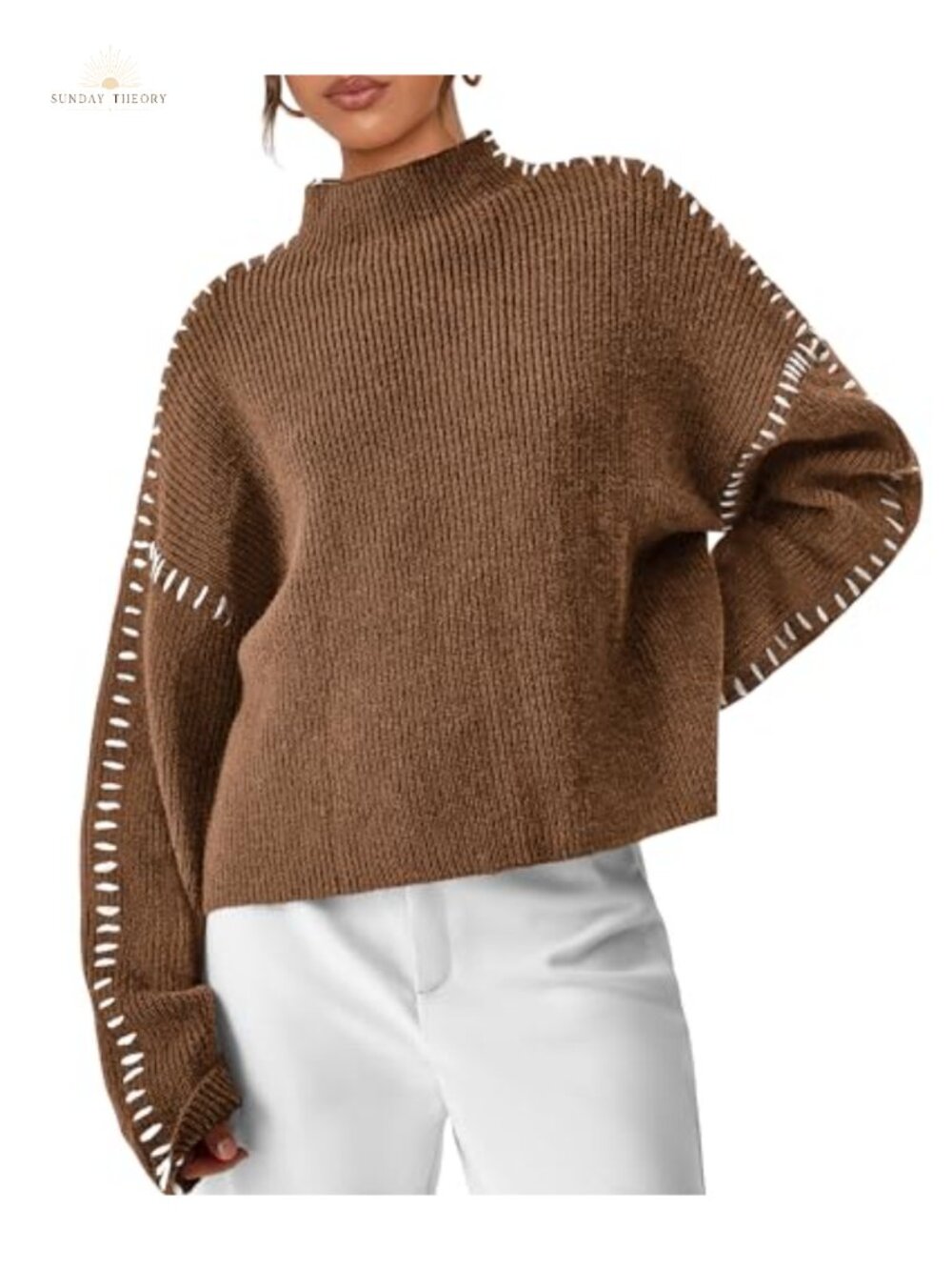 Womens Chunky Knit Oversized Pullover Sweater Mock Neck Long Sleeve